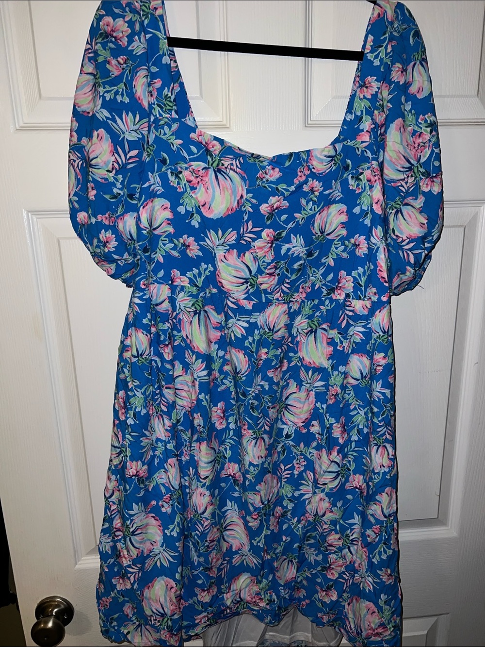 Blue Floral Mini Dress with Puff Sleeves